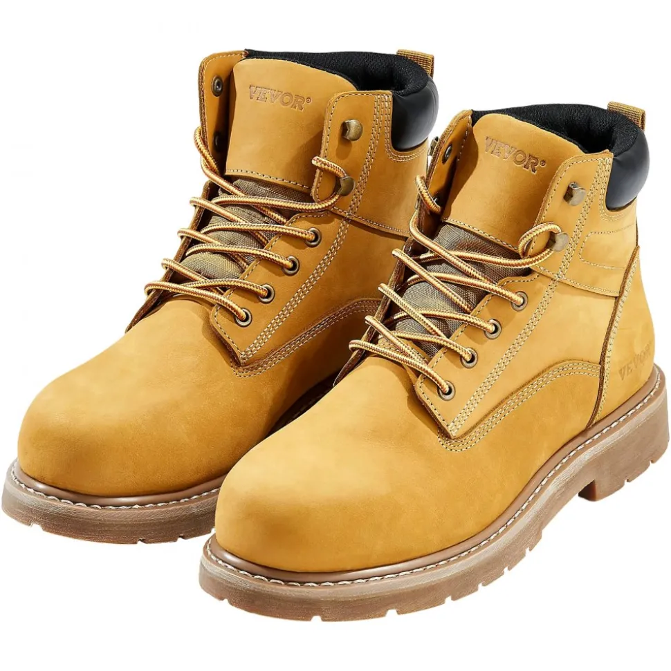 VEVOR Steel Toe Work Boots, US Size 12, Waterproof Work Boots for Men, Slip-Resistant Work Boot, Lightweight and Breathable Rubber Sole Mens Boots for Industry Construction, Brown Yellow