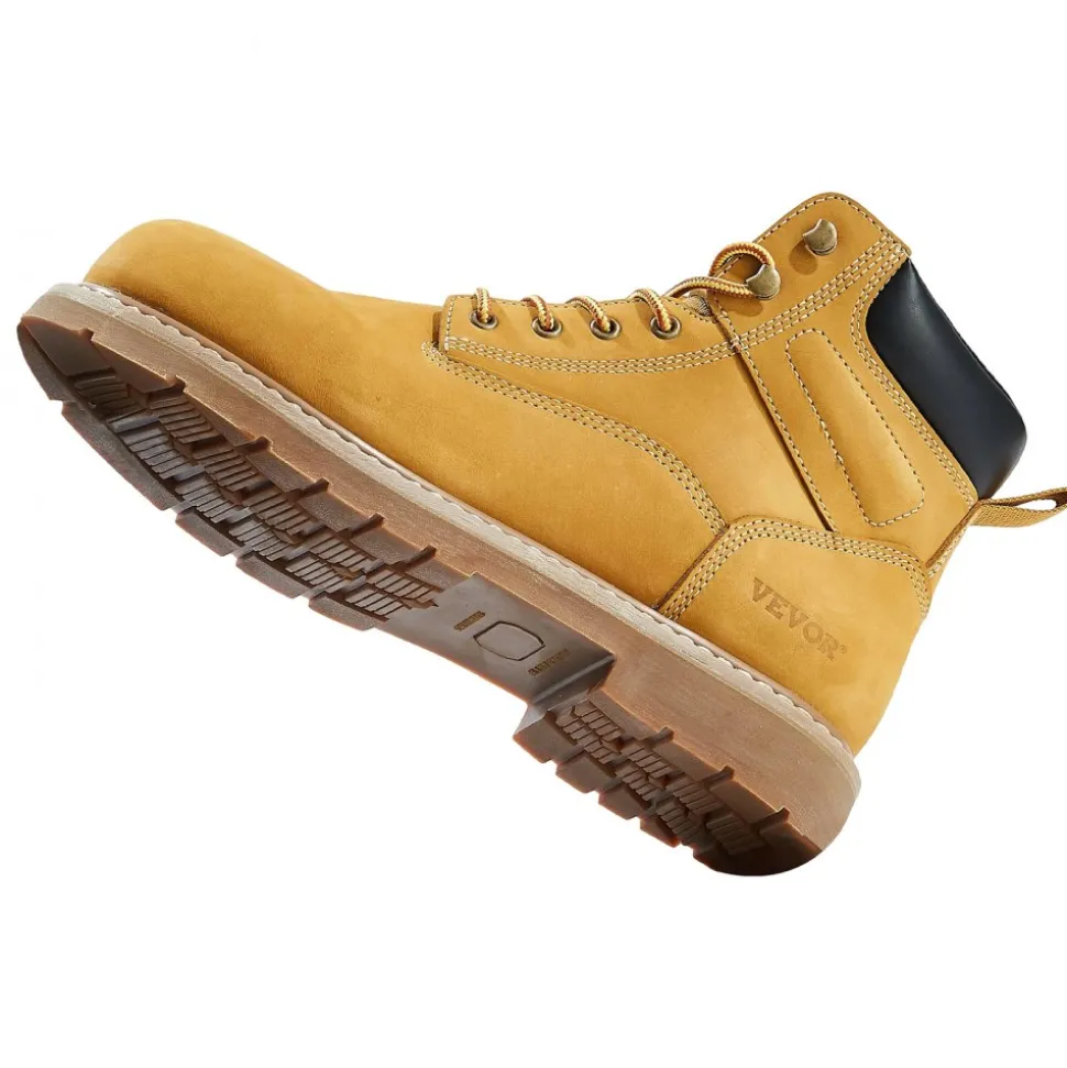 VEVOR Steel Toe Work Boots, US Size 12, Waterproof Work Boots for Men, Slip-Resistant Work Boot, Lightweight and Breathable Rubber Sole Mens Boots for Industry Construction, Brown Yellow