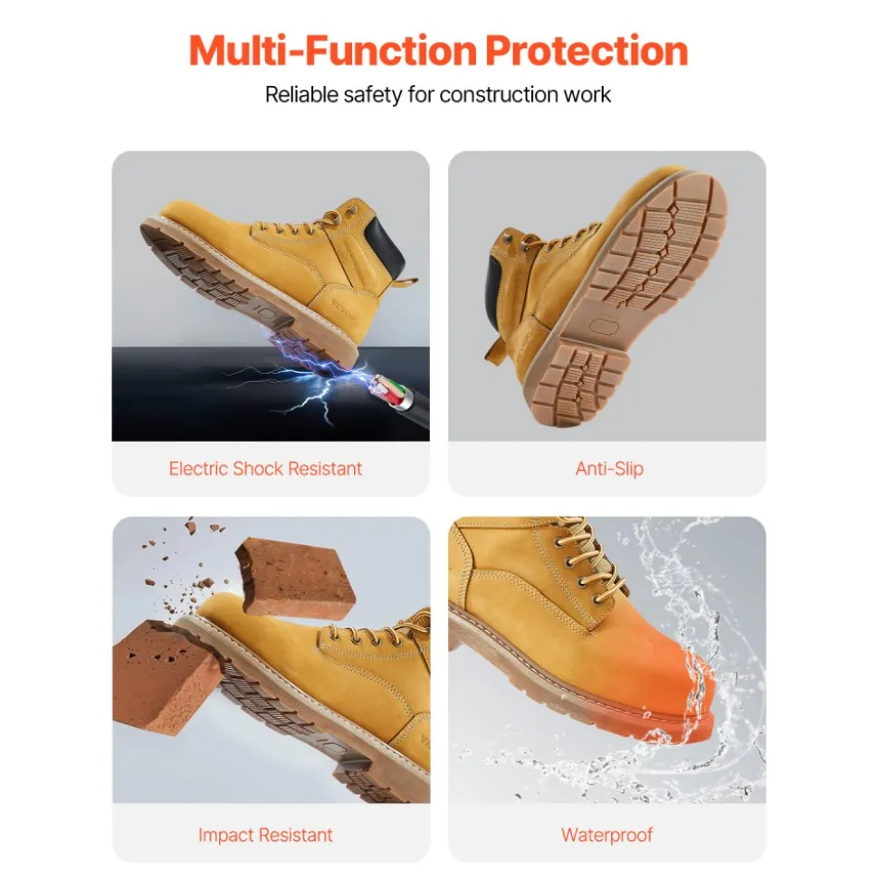 VEVOR Steel Toe Work Boots, US Size 12, Waterproof Work Boots for Men, Slip-Resistant Work Boot, Lightweight and Breathable Rubber Sole Mens Boots for Industry Construction, Brown Yellow