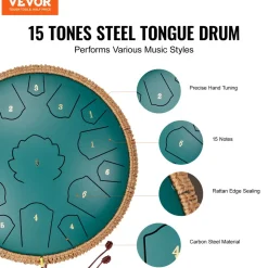 VEVOR Steel Tongue Drum, 14 in & 15 Notes, Rain Drum for Outside Garden, C Major Key, Tank Drum with 2 Mallets & Carry Bag, Hand Pan Drum Percussion Instrument for Musical Education Yoga, Green