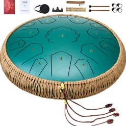 VEVOR Steel Tongue Drum, 14 in & 15 Notes, Rain Drum for Outside Garden, C Major Key, Tank Drum with 2 Mallets & Carry Bag, Hand Pan Drum Percussion Instrument for Musical Education Yoga, Green