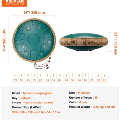 VEVOR Steel Tongue Drum, 14 in & 15 Notes, Rain Drum for Outside Garden, C Major Key, Tank Drum with 2 Mallets & Carry Bag, Hand Pan Drum Percussion Instrument for Musical Education Yoga, Green