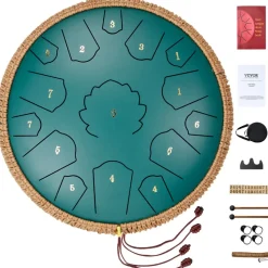 VEVOR Steel Tongue Drum, 14 in & 15 Notes, Rain Drum for Outside Garden, C Major Key, Tank Drum with 2 Mallets & Carry Bag, Hand Pan Drum Percussion Instrument for Musical Education Yoga, Green