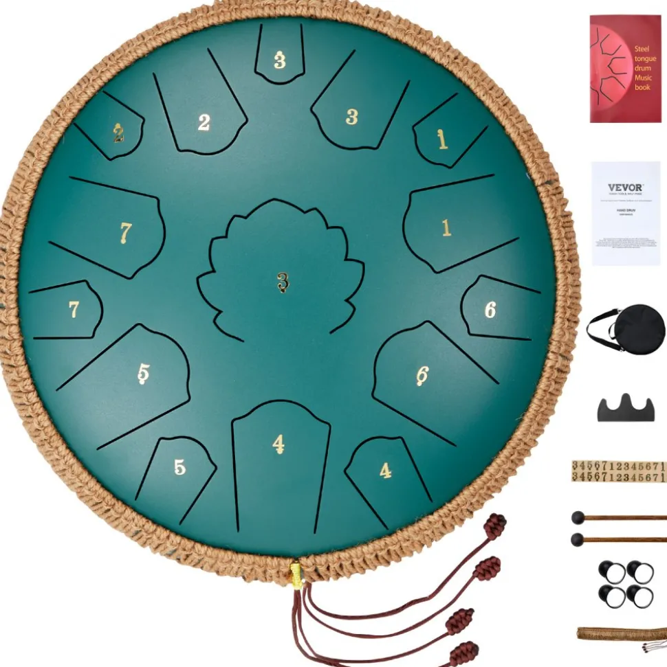 VEVOR Steel Tongue Drum, 14 in & 15 Notes, Rain Drum for Outside Garden, C Major Key, Tank Drum with 2 Mallets & Carry Bag, Hand Pan Drum Percussion Instrument for Musical Education Yoga, Green
