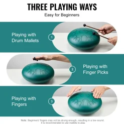 VEVOR Steel Tongue Drum, 14 in & 15 Notes, Rain Drum for Outside Garden, D Major Key, Tank Drum with 2 Mallets & Carry Bag, Hand Pan Drum Percussion Instrument for Musical Education Yoga, Green