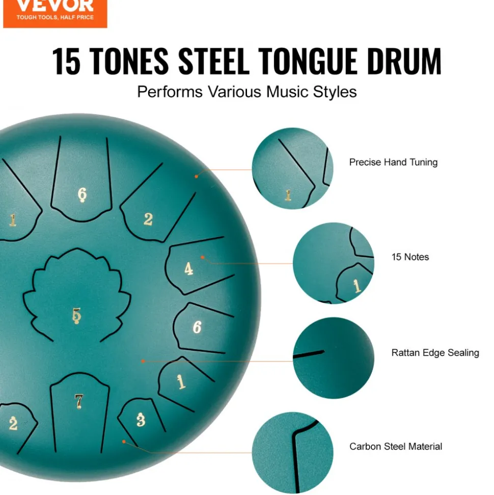 VEVOR Steel Tongue Drum, 14 in & 15 Notes, Rain Drum for Outside Garden, D Major Key, Tank Drum with 2 Mallets & Carry Bag, Hand Pan Drum Percussion Instrument for Musical Education Yoga, Green