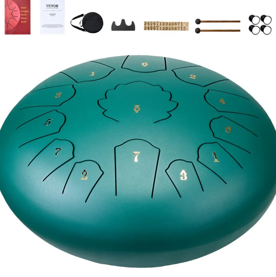 VEVOR Steel Tongue Drum, 14 in & 15 Notes, Rain Drum for Outside Garden, D Major Key, Tank Drum with 2 Mallets & Carry Bag, Hand Pan Drum Percussion Instrument for Musical Education Yoga, Green