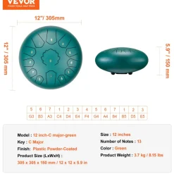 VEVOR Steel Tongue Drum, 14 in & 15 Notes, Rain Drum for Outside Garden, D Major Key, Tank Drum with 2 Mallets & Carry Bag, Hand Pan Drum Percussion Instrument for Musical Education Yoga, Green