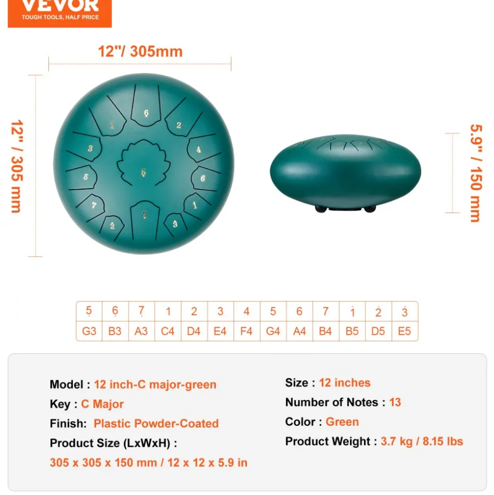 VEVOR Steel Tongue Drum, 14 in & 15 Notes, Rain Drum for Outside Garden, D Major Key, Tank Drum with 2 Mallets & Carry Bag, Hand Pan Drum Percussion Instrument for Musical Education Yoga, Green