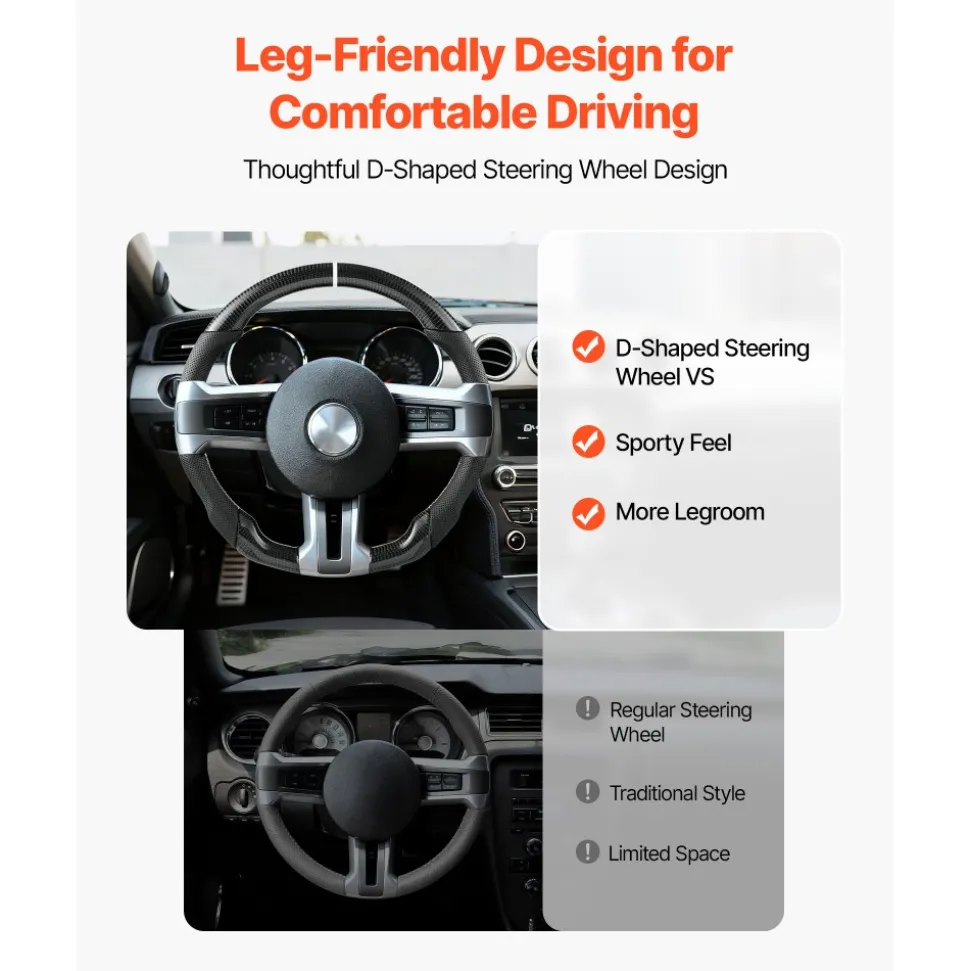 VEVOR Steering Wheel for 2010-2014 Ford Mustang, Carbon Fiber Steering Wheel D-Shaped Flat-Bottom, Leather Grip with Non-Slip Texture & Precise Stitching, Accessories Replacement for Mustang, Black