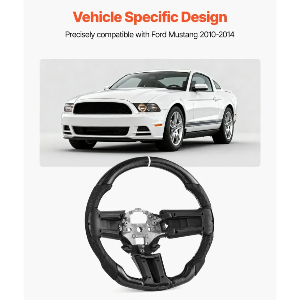 VEVOR Steering Wheel for 2010-2014 Ford Mustang, Carbon Fiber Steering Wheel D-Shaped Flat-Bottom, Leather Grip with Non-Slip Texture & Precise Stitching, Accessories Replacement for Mustang, Black