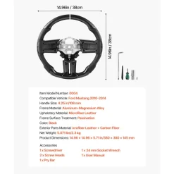 VEVOR Steering Wheel for 2010-2014 Ford Mustang, Carbon Fiber Steering Wheel D-Shaped Flat-Bottom, Leather Grip with Non-Slip Texture & Precise Stitching, Accessories Replacement for Mustang, Black