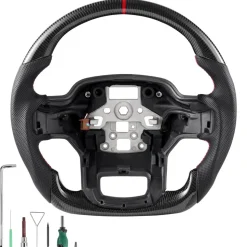 VEVOR Steering Wheel for 2021-2024 Ford F150, Carbon Fiber Steering Wheel D-Shaped Flat-Bottom with Heating Function, Leather Grip with Non-Slip Texture, Accessories Replacement for Ford F150, Black