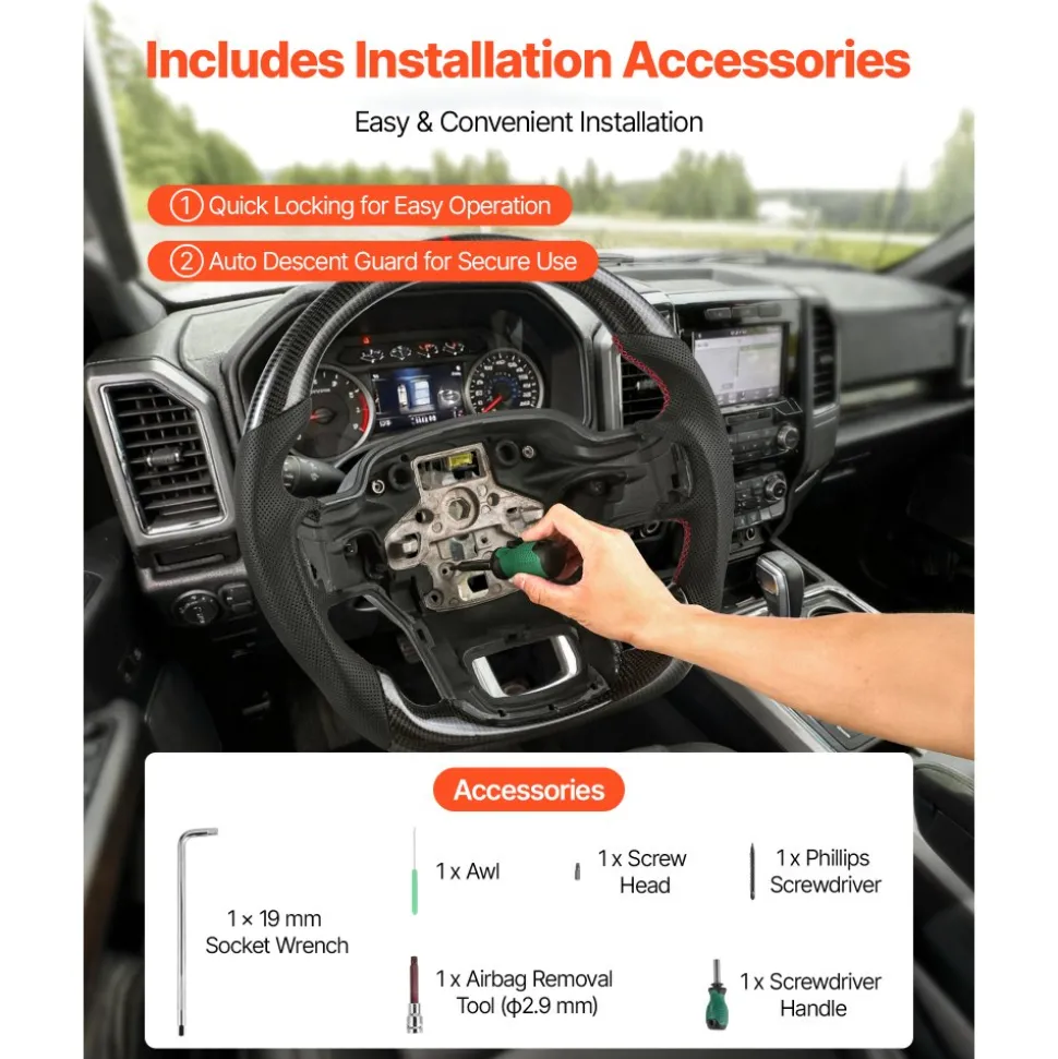 VEVOR Steering Wheel for 2021-2024 Ford F150, Carbon Fiber Steering Wheel D-Shaped Flat-Bottom, Leather Grip with Non-Slip Texture & Precise Stitching, Accessories Replacement for Ford F150, Black