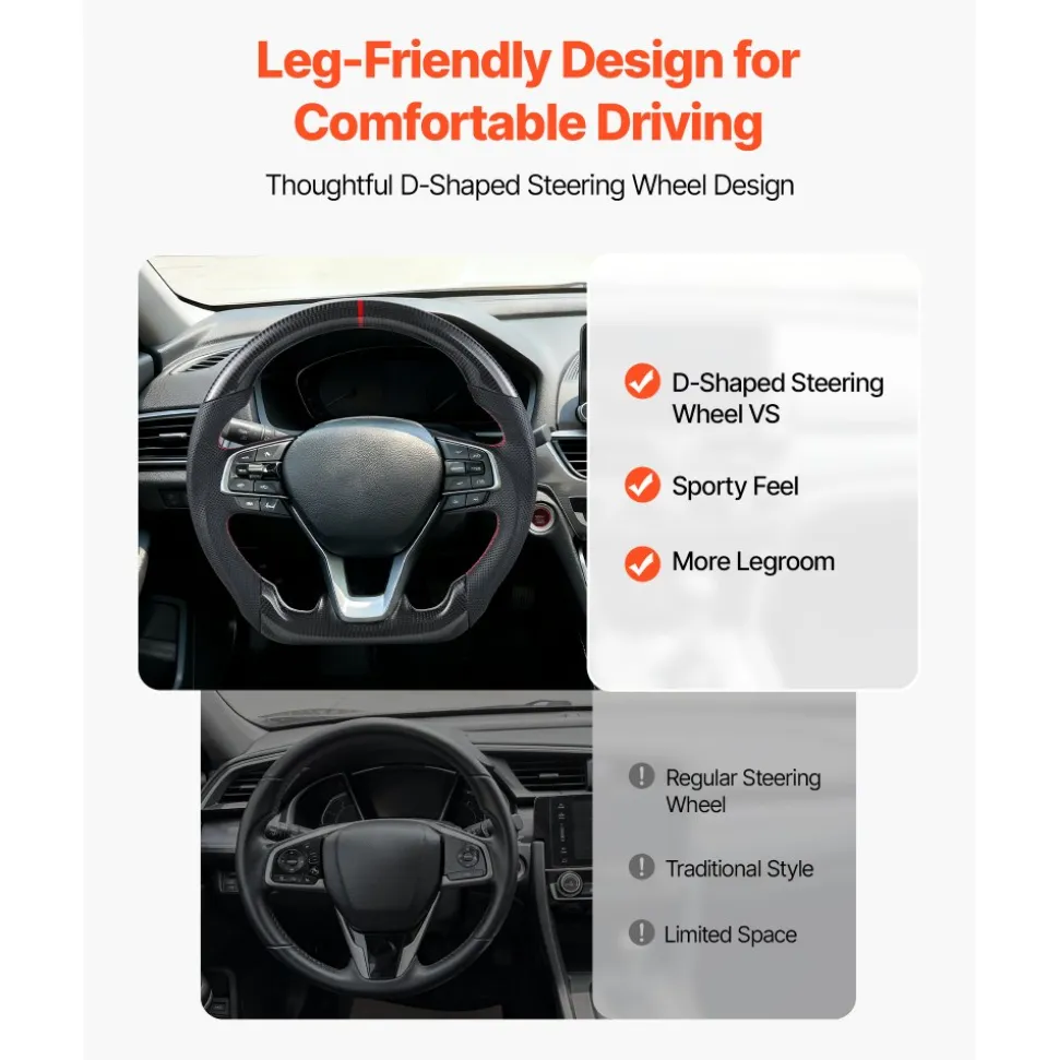VEVOR Steering Wheel for 2016-2021 Honda Civic, Carbon Fiber Steering Wheel D-Shaped Flat-Bottom, Leather Grip with Non-Slip Texture & Precise Stitching, Accessories Replacement for Honda Civic, Black