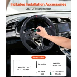 VEVOR Steering Wheel for 2016-2021 Honda Civic, Carbon Fiber Steering Wheel D-Shaped Flat-Bottom, Leather Grip with Non-Slip Texture & Precise Stitching, Accessories Replacement for Honda Civic, Black