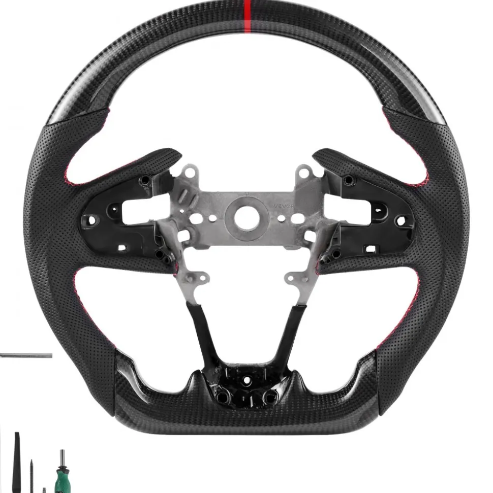 VEVOR Steering Wheel for 2016-2021 Honda Civic, Carbon Fiber Steering Wheel D-Shaped Flat-Bottom, Leather Grip with Non-Slip Texture & Precise Stitching, Accessories Replacement for Honda Civic, Black