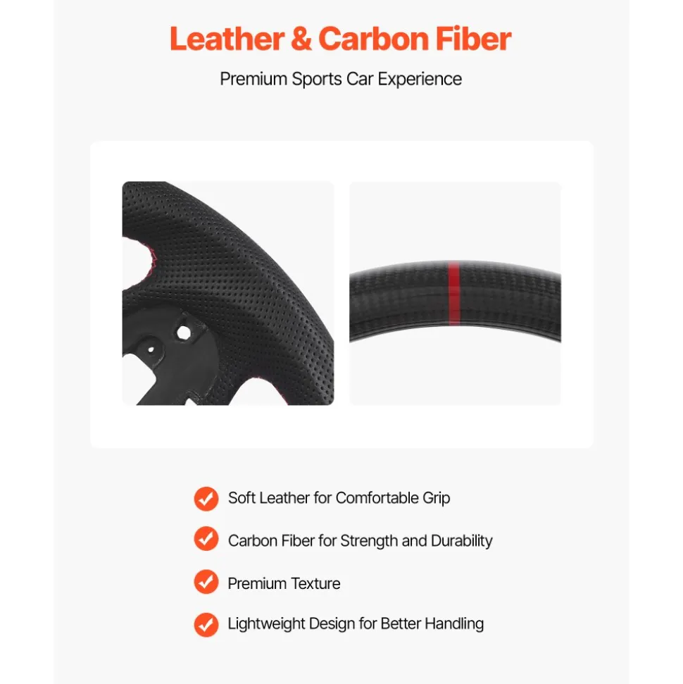 VEVOR Steering Wheel for 2016-2021 Honda Civic, Carbon Fiber Steering Wheel D-Shaped Flat-Bottom, Leather Grip with Non-Slip Texture & Precise Stitching, Accessories Replacement for Honda Civic, Black
