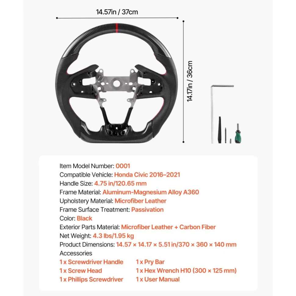 VEVOR Steering Wheel for 2016-2021 Honda Civic, Carbon Fiber Steering Wheel D-Shaped Flat-Bottom, Leather Grip with Non-Slip Texture & Precise Stitching, Accessories Replacement for Honda Civic, Black