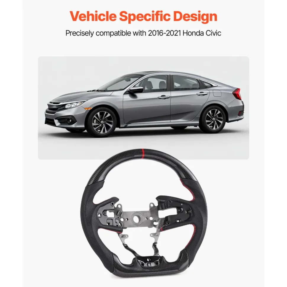 VEVOR Steering Wheel for 2016-2021 Honda Civic, Carbon Fiber Steering Wheel D-Shaped Flat-Bottom, Leather Grip with Non-Slip Texture & Precise Stitching, Accessories Replacement for Honda Civic, Black