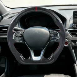 VEVOR Steering Wheel for 2016-2021 Honda Civic, Carbon Fiber Steering Wheel D-Shaped Flat-Bottom, Leather Grip with Non-Slip Texture & Precise Stitching, Accessories Replacement for Honda Civic, Black