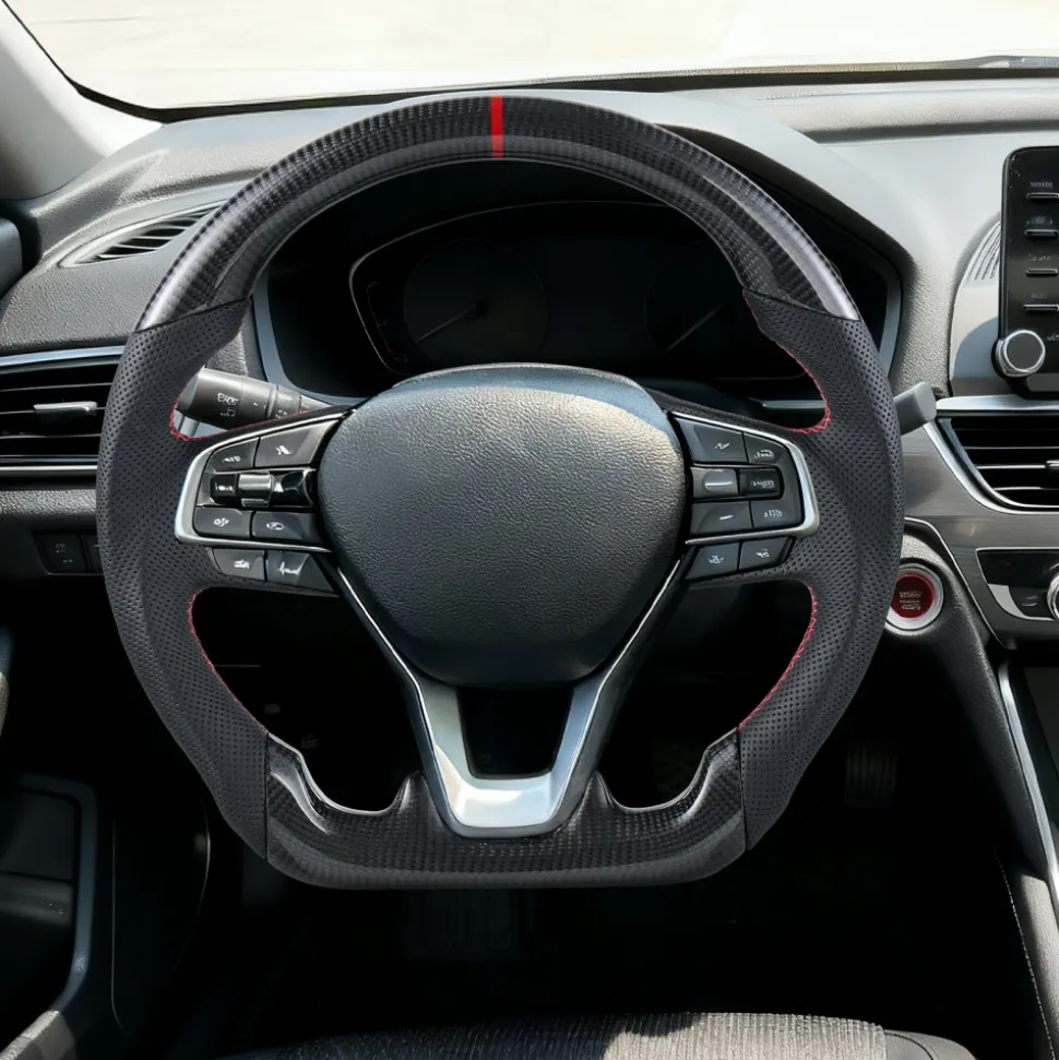 VEVOR Steering Wheel for 2016-2021 Honda Civic, Carbon Fiber Steering Wheel D-Shaped Flat-Bottom, Leather Grip with Non-Slip Texture & Precise Stitching, Accessories Replacement for Honda Civic, Black