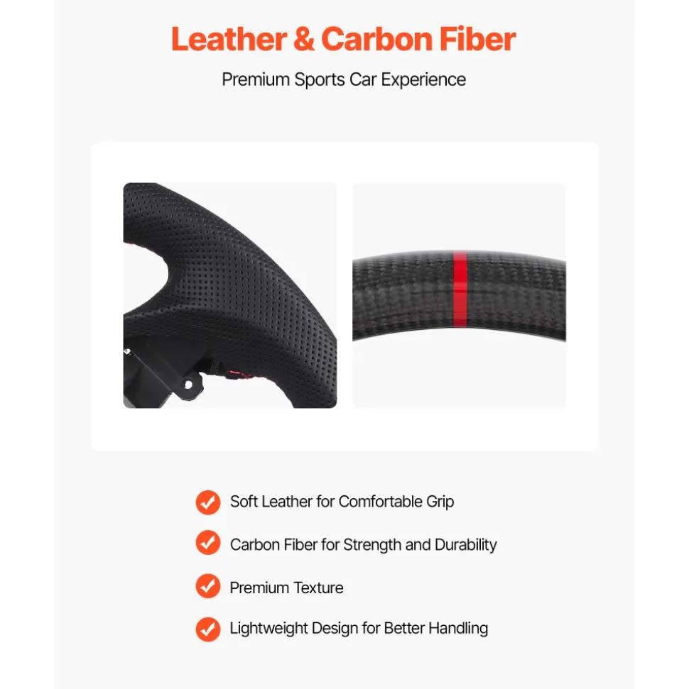 VEVOR Steering Wheel for 2007-2013 Infiniti G37, Carbon Fiber Steering Wheel D-Shaped Flat-Bottom, Leather Grip with Non-Slip Texture & Precise Stitching, Accessories Replacement for Infiniti, Black