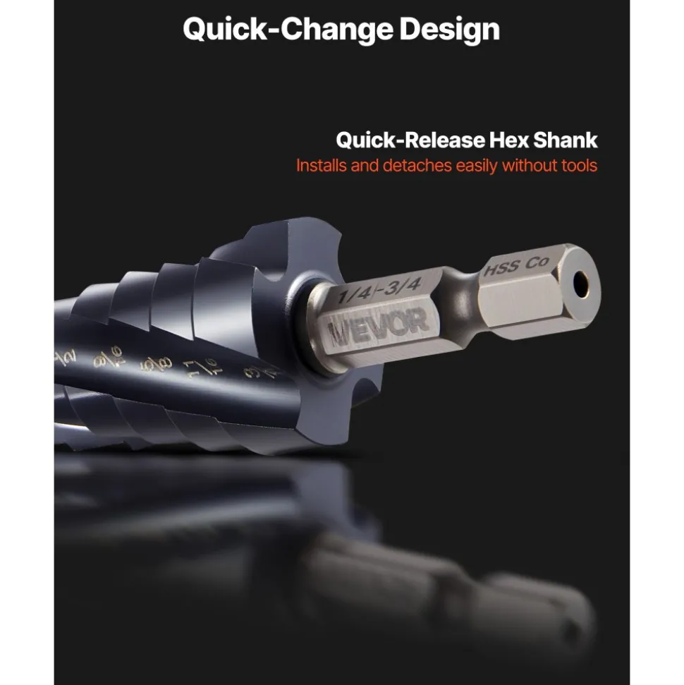 VEVOR Step Drill Bit Set, 1/8 - 7/8 inch, 3 Pieces Step Drill Bits, 1/4 inch Hex Shank, TiAlN Coating Cobalt HSS High Speed Steel, for Metal, Stainless Steel, Aluminum, Wood, Plastic, Fiberglass