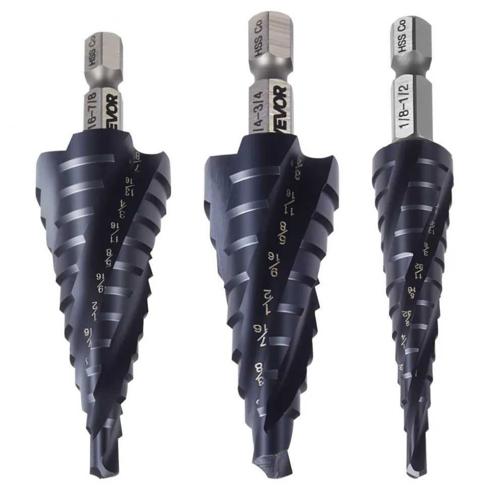 VEVOR Step Drill Bit Set, 1/8 - 7/8 inch, 3 Pieces Step Drill Bits, 1/4 inch Hex Shank, TiAlN Coating Cobalt HSS High Speed Steel, for Metal, Stainless Steel, Aluminum, Wood, Plastic, Fiberglass