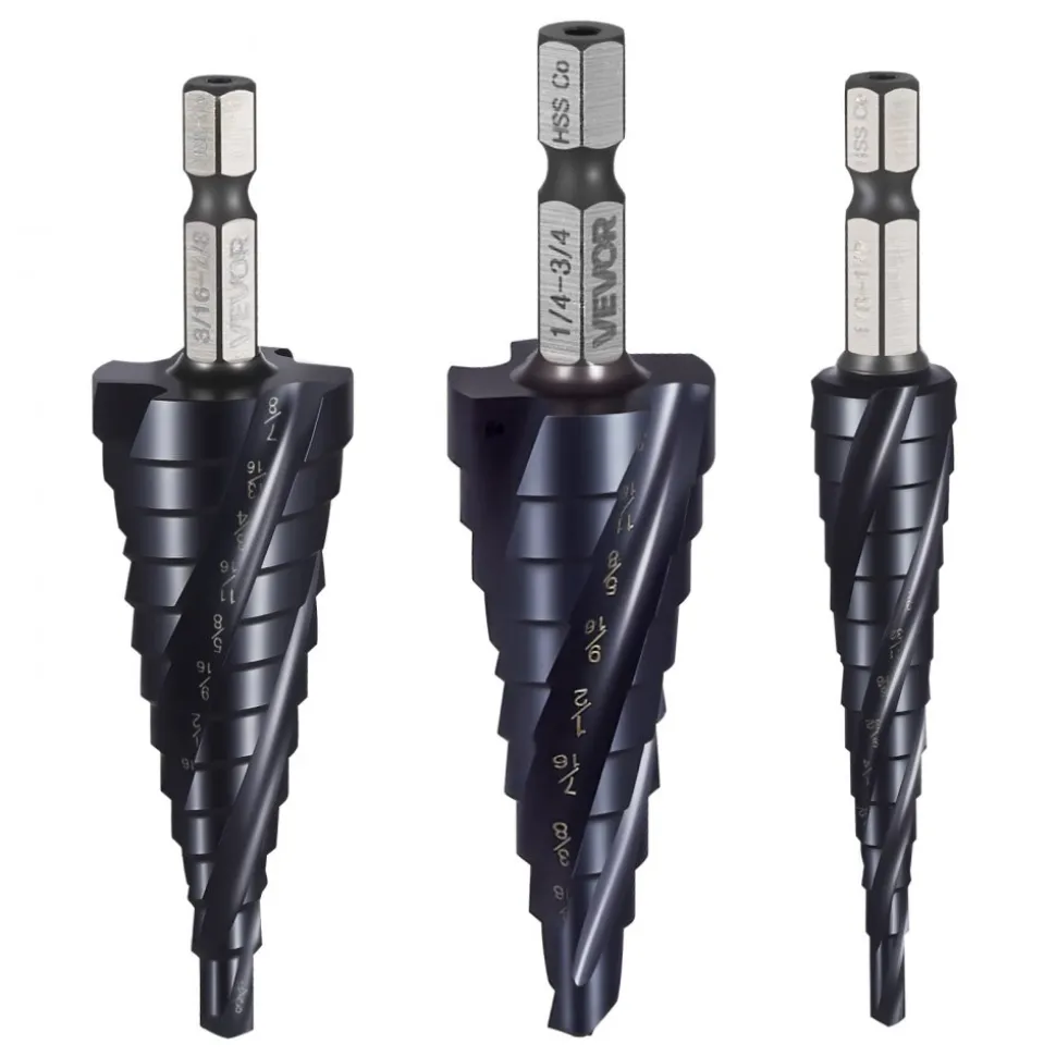 VEVOR Step Drill Bit Set, 1/8 - 7/8 inch, 3 Pieces Step Drill Bits, 1/4 inch Hex Shank, TiAlN Coating Cobalt HSS High Speed Steel, for Metal, Stainless Steel, Aluminum, Wood, Plastic, Fiberglass