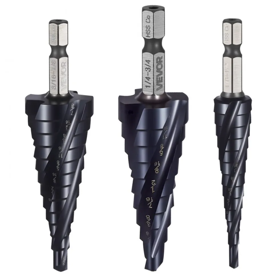 VEVOR Step Drill Bit Set, 1/8 - 7/8 inch, 3 Pieces Step Drill Bits, 1/4 inch Hex Shank, TiAlN Coating Cobalt HSS High Speed Steel, for Metal, Stainless Steel, Aluminum, Wood, Plastic, Fiberglass