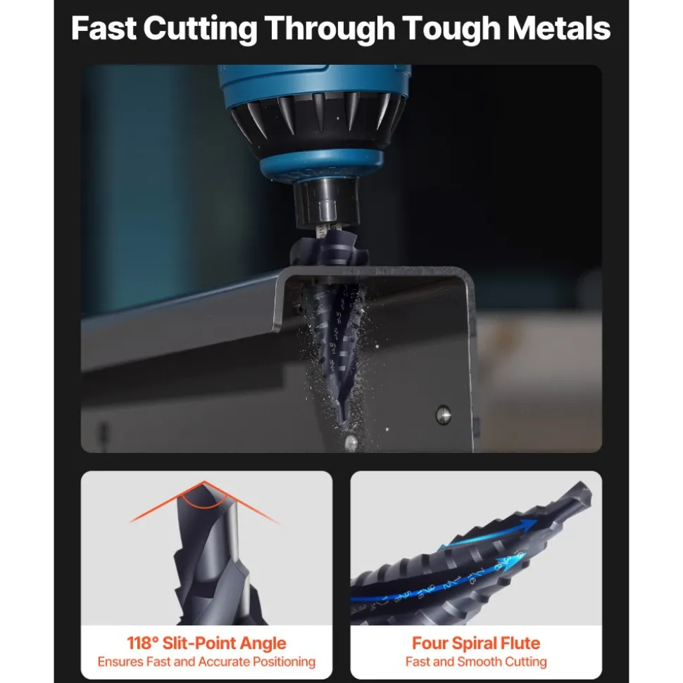 VEVOR Step Drill Bit, 1/4 to 3/4 inch, 1/4 inch Hex Shank, TiAlN Coating Cobalt HSS High Speed Steel, Four Spiral Flute Step Bit for Metal, Stainless Steel, Aluminum, Wood, Plastic, Fiberglass