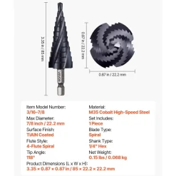 VEVOR Step Drill Bit, 1/4 to 3/4 inch, 1/4 inch Hex Shank, TiAlN Coating Cobalt HSS High Speed Steel, Four Spiral Flute Step Bit for Metal, Stainless Steel, Aluminum, Wood, Plastic, Fiberglass