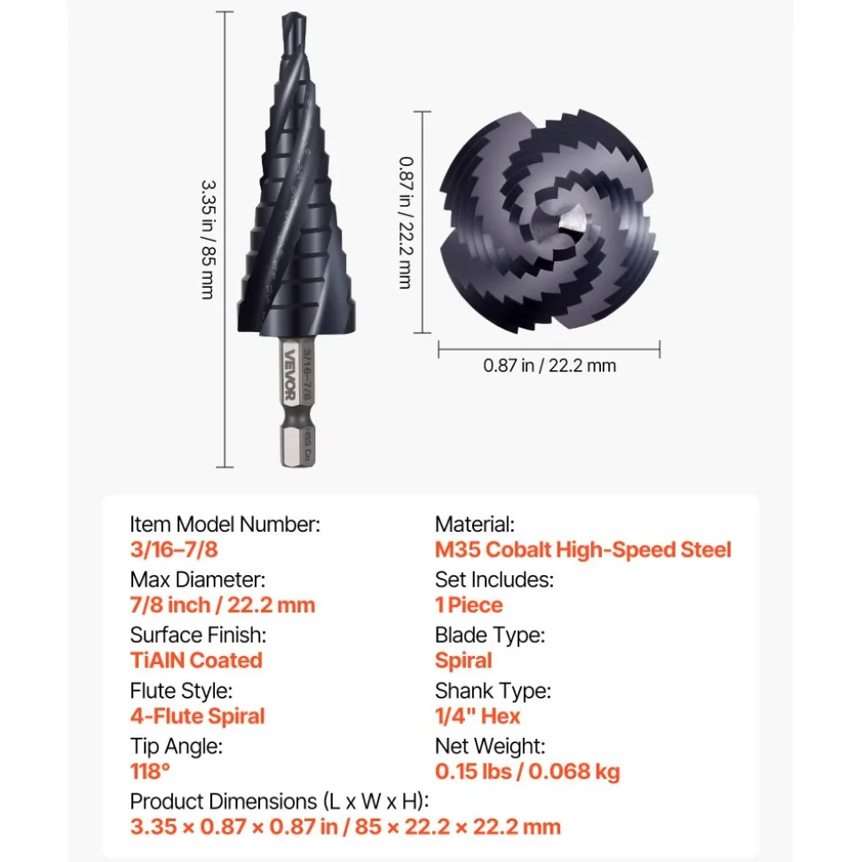VEVOR Step Drill Bit, 1/4 to 3/4 inch, 1/4 inch Hex Shank, TiAlN Coating Cobalt HSS High Speed Steel, Four Spiral Flute Step Bit for Metal, Stainless Steel, Aluminum, Wood, Plastic, Fiberglass