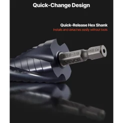 VEVOR Step Drill Bit, 1/4 to 3/4 inch, 1/4 inch Hex Shank, TiAlN Coating Cobalt HSS High Speed Steel, Four Spiral Flute Step Bit for Metal, Stainless Steel, Aluminum, Wood, Plastic, Fiberglass