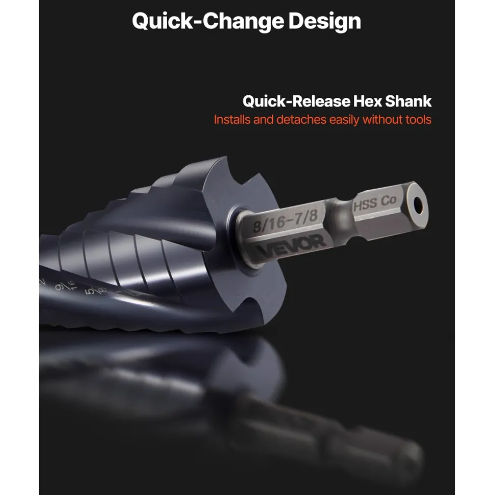 VEVOR Step Drill Bit, 1/4 to 3/4 inch, 1/4 inch Hex Shank, TiAlN Coating Cobalt HSS High Speed Steel, Four Spiral Flute Step Bit for Metal, Stainless Steel, Aluminum, Wood, Plastic, Fiberglass