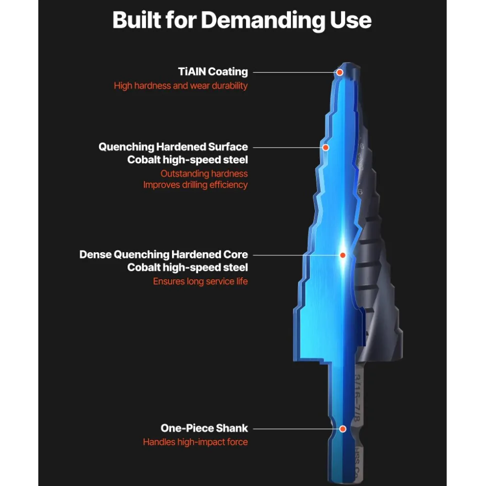 VEVOR Step Drill Bit, 1/4 to 3/4 inch, 1/4 inch Hex Shank, TiAlN Coating Cobalt HSS High Speed Steel, Four Spiral Flute Step Bit for Metal, Stainless Steel, Aluminum, Wood, Plastic, Fiberglass