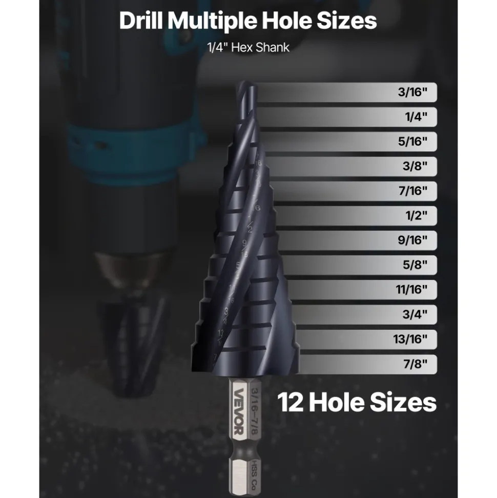 VEVOR Step Drill Bit, 1/4 to 3/4 inch, 1/4 inch Hex Shank, TiAlN Coating Cobalt HSS High Speed Steel, Four Spiral Flute Step Bit for Metal, Stainless Steel, Aluminum, Wood, Plastic, Fiberglass