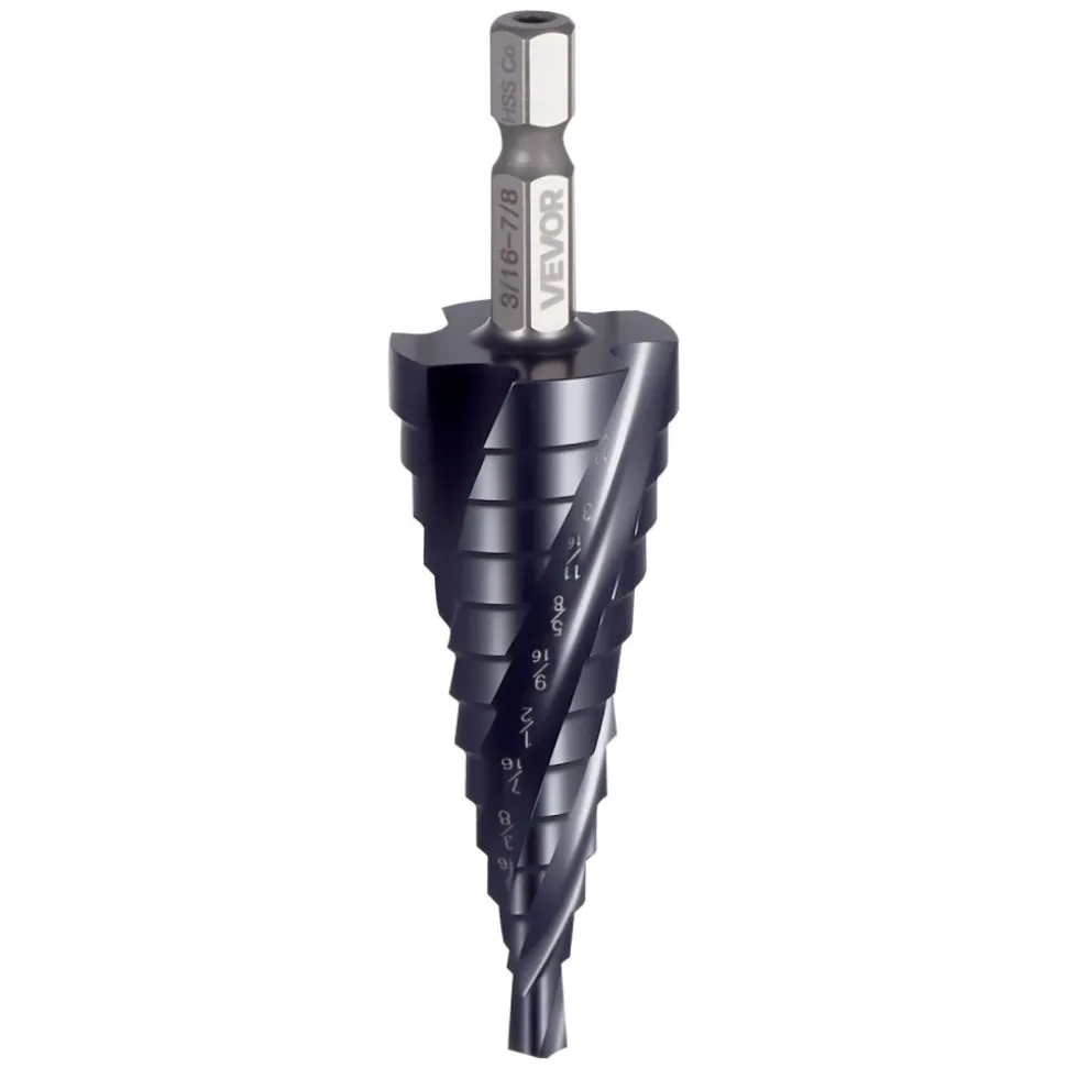 VEVOR Step Drill Bit, 1/4 to 3/4 inch, 1/4 inch Hex Shank, TiAlN Coating Cobalt HSS High Speed Steel, Four Spiral Flute Step Bit for Metal, Stainless Steel, Aluminum, Wood, Plastic, Fiberglass