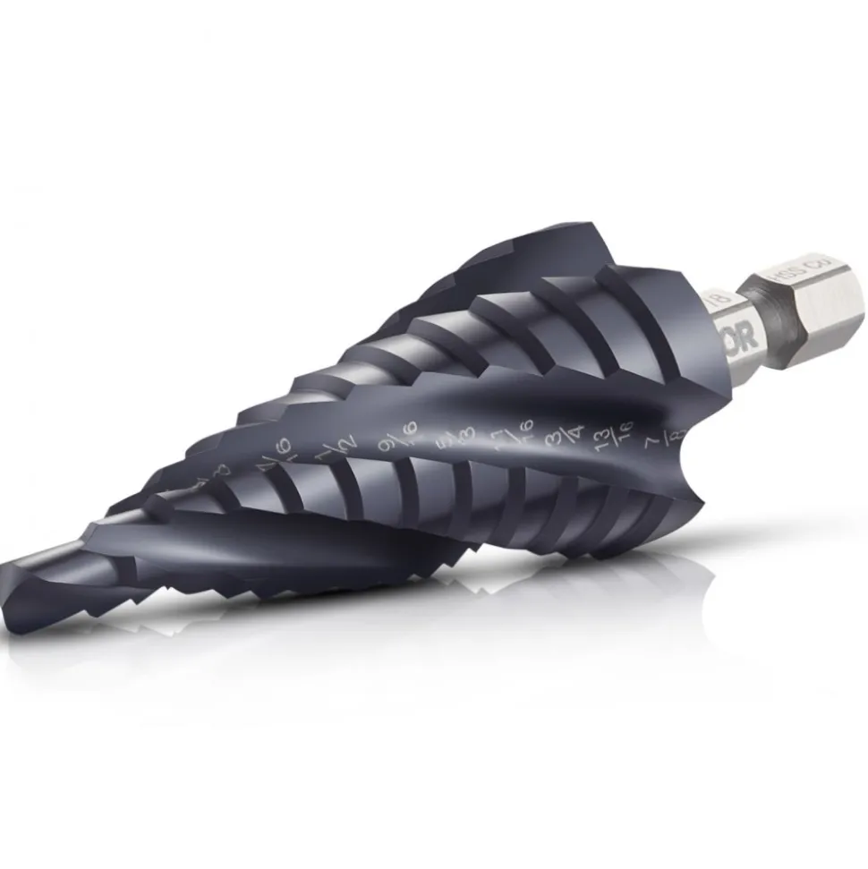 VEVOR Step Drill Bit, 1/4 to 3/4 inch, 1/4 inch Hex Shank, TiAlN Coating Cobalt HSS High Speed Steel, Four Spiral Flute Step Bit for Metal, Stainless Steel, Aluminum, Wood, Plastic, Fiberglass