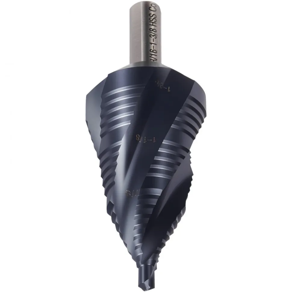 VEVOR Step Drill Bit, 3/16 to 1-3/8 inch, 3/8 inch Triangular Shank, TiAlN Coating Cobalt High Speed Steel, Four Spiral Flute Step Bit for Metal, Stainless Steel, Aluminum, Wood, Plastic, Fiberglass