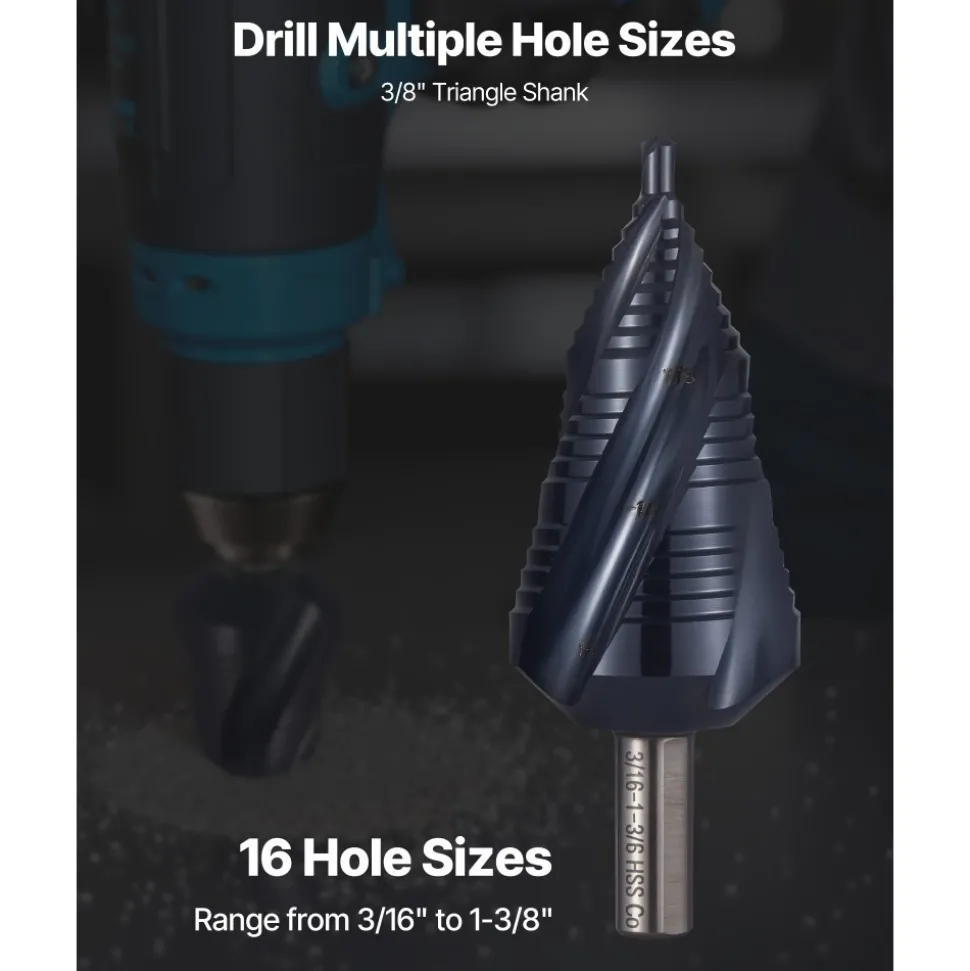 VEVOR Step Drill Bit, 3/16 to 1-3/8 inch, 3/8 inch Triangular Shank, TiAlN Coating Cobalt High Speed Steel, Four Spiral Flute Step Bit for Metal, Stainless Steel, Aluminum, Wood, Plastic, Fiberglass