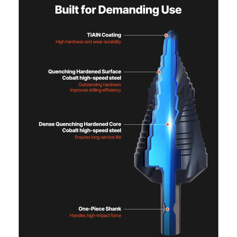 VEVOR Step Drill Bit, 3/16 to 1-3/8 inch, 3/8 inch Triangular Shank, TiAlN Coating Cobalt High Speed Steel, Four Spiral Flute Step Bit for Metal, Stainless Steel, Aluminum, Wood, Plastic, Fiberglass