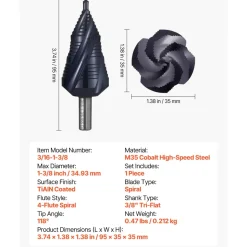 VEVOR Step Drill Bit, 3/16 to 1-3/8 inch, 3/8 inch Triangular Shank, TiAlN Coating Cobalt High Speed Steel, Four Spiral Flute Step Bit for Metal, Stainless Steel, Aluminum, Wood, Plastic, Fiberglass