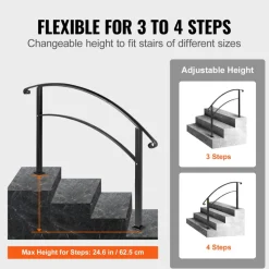 VEVOR 4-Step Handrail Fits 1 or 4 Steps Matte Black Stair Rail Wrought Iron Handrail with Installation Kit Hand Rails for Outdoor Steps