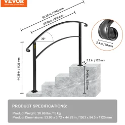 VEVOR 4-Step Handrail Fits 1 or 4 Steps Matte Black Stair Rail Wrought Iron Handrail with Installation Kit Hand Rails for Outdoor Steps
