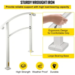 VEVOR 3-Step Handrails for Outdoor Steps Fits 1 or 3 Steps Matte White Stair Rail Wrought Iron Handrail with Installation Kit Hand Rails for Outdoor Step