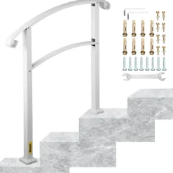 VEVOR 3-Step Handrails for Outdoor Steps Fits 1 or 3 Steps Matte White Stair Rail Wrought Iron Handrail with Installation Kit Hand Rails for Outdoor Step
