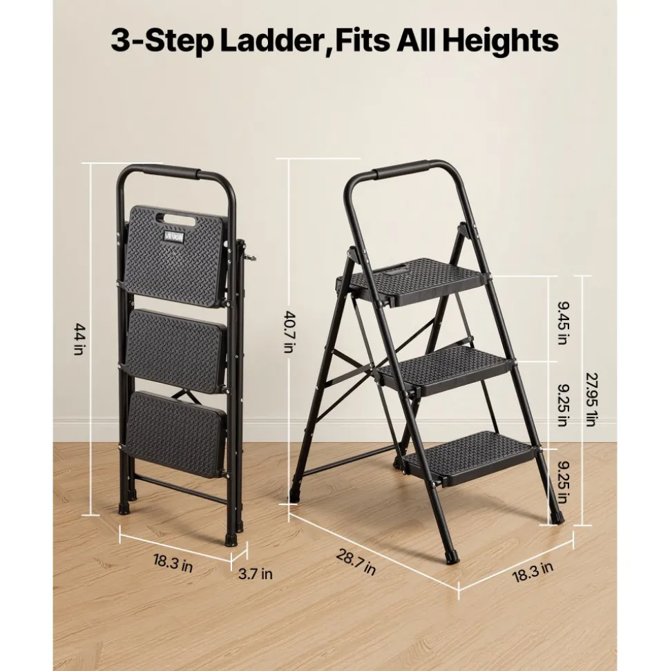 VEVOR 3 Step Ladder, Folding Step Stool with Wide Anti-Slip Pedal and Comfort Handgrip, Lightweight 600 lbs Capacity Portable Steel Ladder, Multi-Use for Kitchen, Home, Household and Office, Black