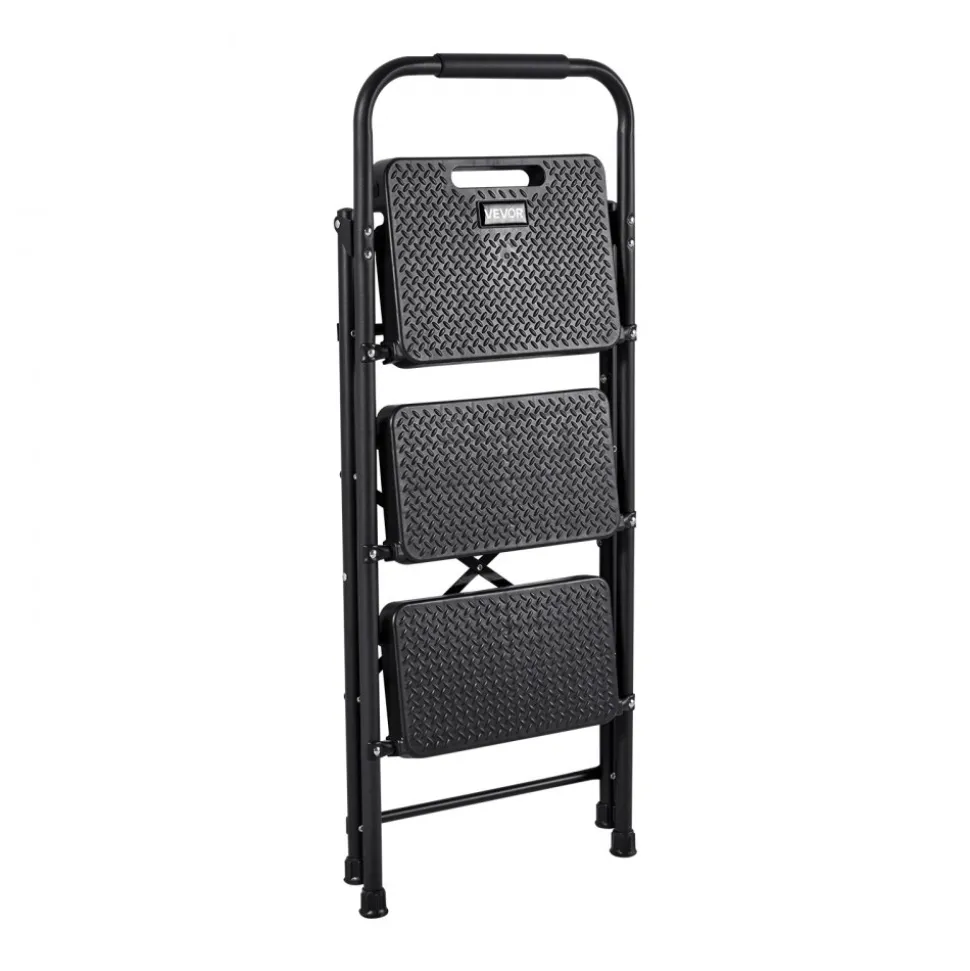 VEVOR 3 Step Ladder, Folding Step Stool with Wide Anti-Slip Pedal and Comfort Handgrip, Lightweight 600 lbs Capacity Portable Steel Ladder, Multi-Use for Kitchen, Home, Household and Office, Black